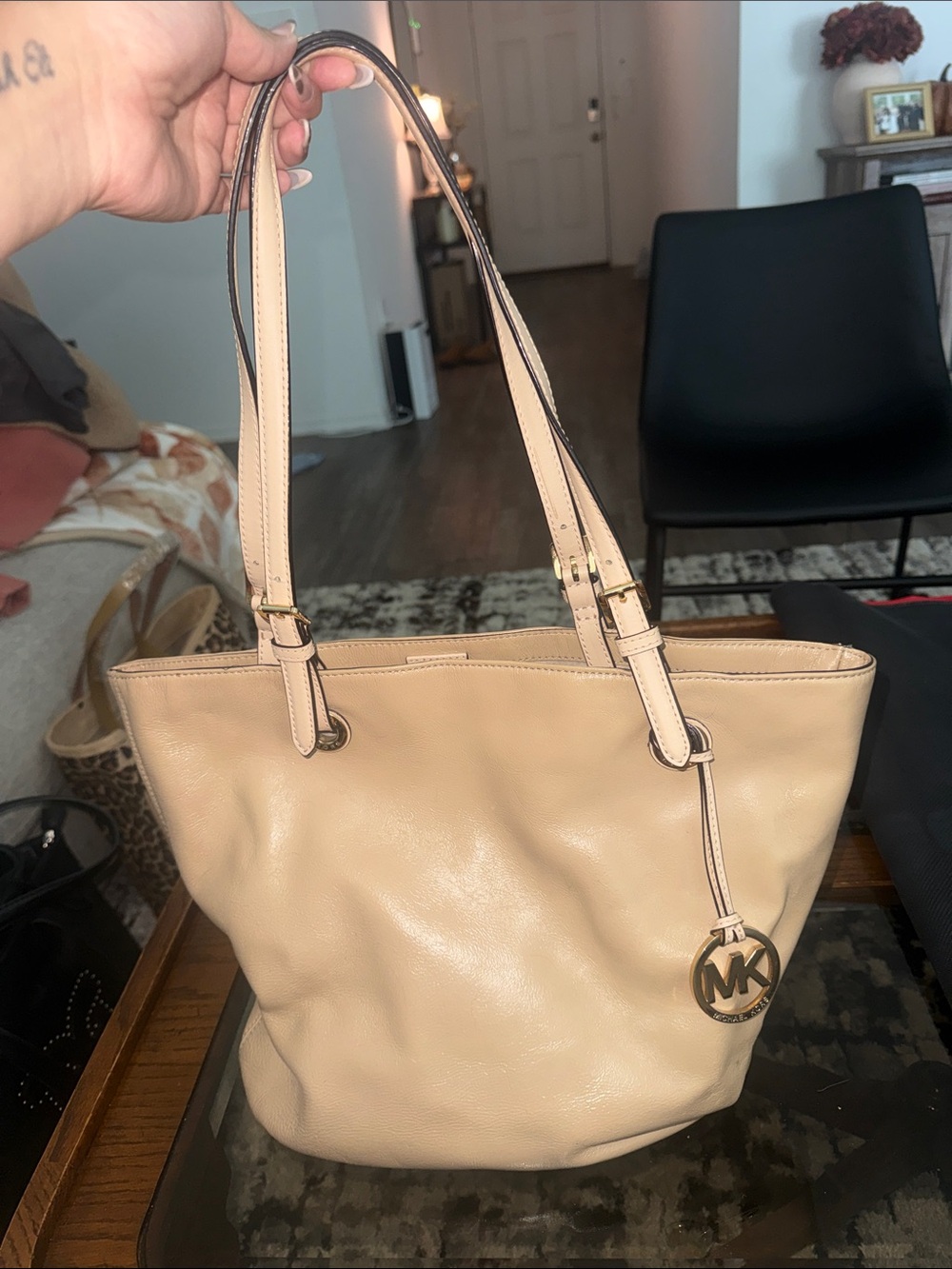 Michael Kors Cream Leather Tote with MK Charm